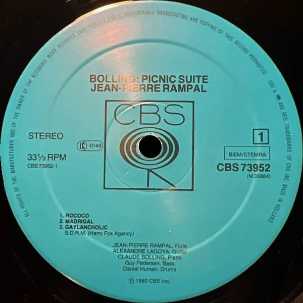 Jean-Pierre Rampal / Alexandre Lagoya / Claude Bolling - Picnic Suite | CBS (CBS 73952) - 3