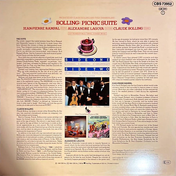 Jean-Pierre Rampal / Alexandre Lagoya / Claude Bolling - Picnic Suite | CBS (CBS 73952) - 2