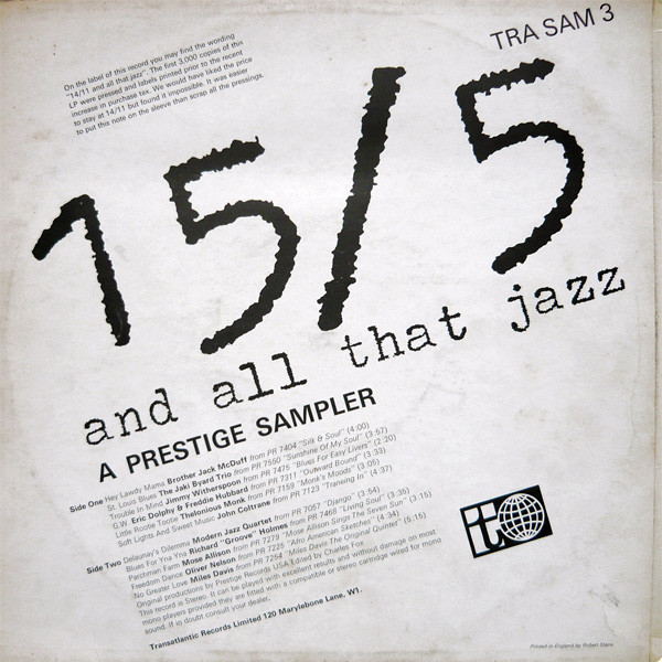 Various - 15/5 And All That Jazz - A Prestige Sampler | Transatlantic Records (TRA SAM 3) - 2