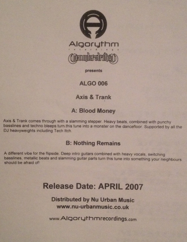Axis & Trank - Blood Money | Algorythm Recordings (ALGO 006)