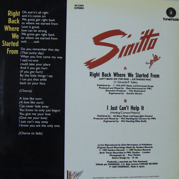 Sinitta - Right Back Where We Started From (Left Back On The Side Mix) | Fonomusic (04.3365) - 2