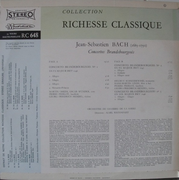 Johann Sebastian Bach , Pierre Pierlot , Georg Friedrich Hendel , Kammerorchester Des Saarländischen Rundfunks, Saarbrücken Direction: Karl Ristenpart - Concertos Brandebourgeois Nºs 1, 2, 3 | Musidisc (30 RC 648) - 2