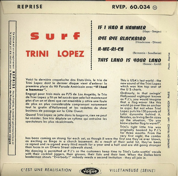 Trini Lopez - Surf - If I Had A Hammer | Reprise Records (RVEP. 60.034) - 2
