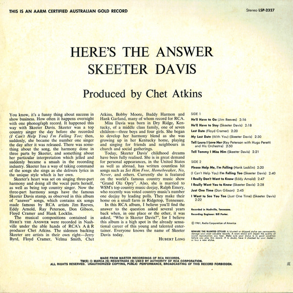 Skeeter Davis - Here's The Answer | RCA Victor (LSP-2327) - 2