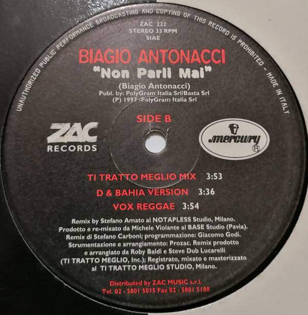 Biagio Antonacci - Non Parli Mai | ZAC Records (ZAC 222) - 2