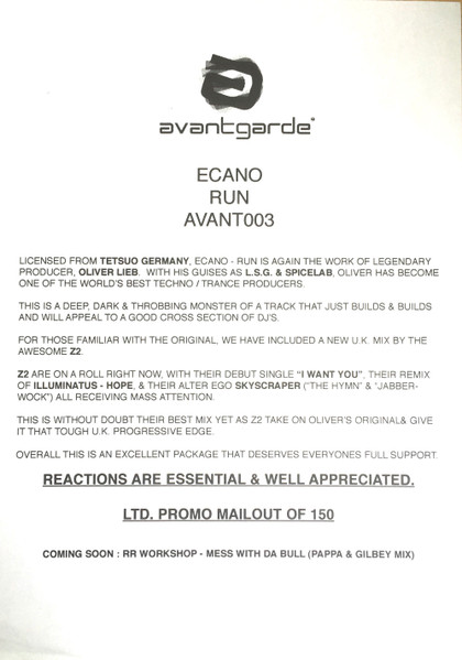 Ecano - Run | Avantgarde (AVANT003) - 2