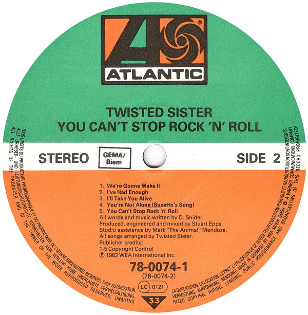 Twisted Sister - You Can't Stop Rock 'N' Roll | Atlantic (78-0074-1) - 4 Twisted Sister - You Can't Stop Rock 'N' Roll | Atlantic (78-0074-1) - 4
