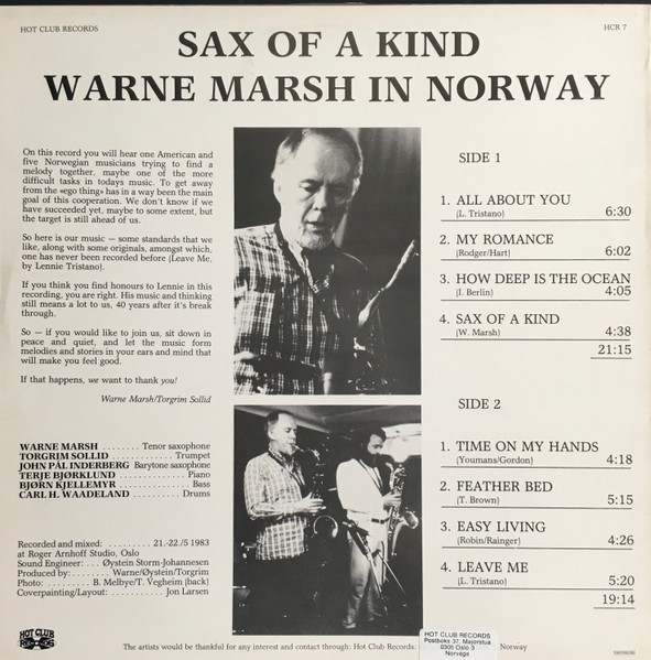 Warne Marsh - Warne Marsh In Norway / Sax Of A Kind | Hot Club Records (HCR 7) - 2