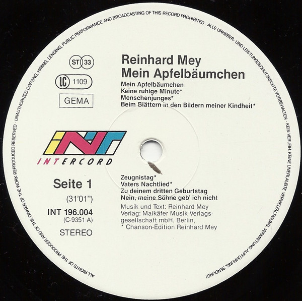 Reinhard Mey - Mein Apfelbäumchen | Intercord (INT 196.004) - 3