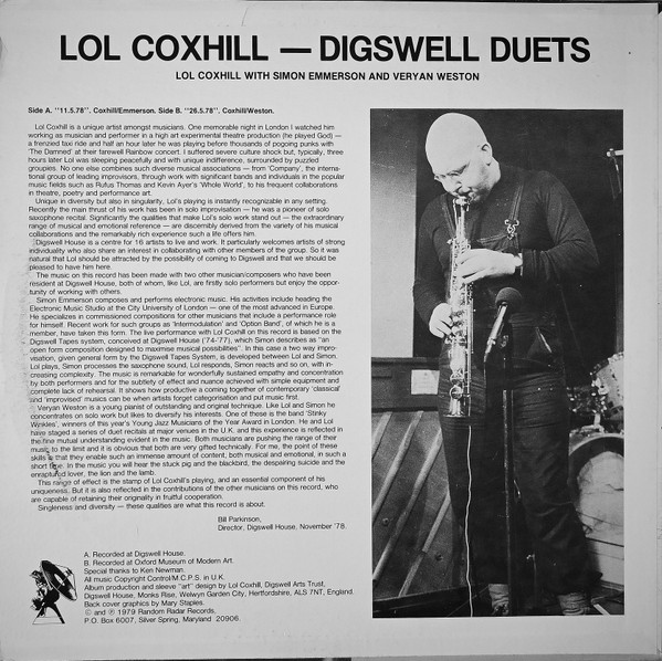 Lol Coxhill - Digswell Duets | Random Radar Records (RRR 005) - 2