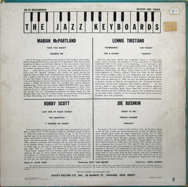 Lennie Tristano , Marian McPartland , Bobby Scott , Joe Bushkin - The Jazz Keyboards | Savoy Records (MG 12043) - 2