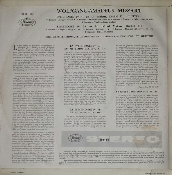 Wolfgang Amadeus Mozart - Hans Schmidt-Isserstedt , London Symphony Orchestra - Symphony No. 41 "Jupiter" · Symphony No. 39 | Mercury (190184) - 3
