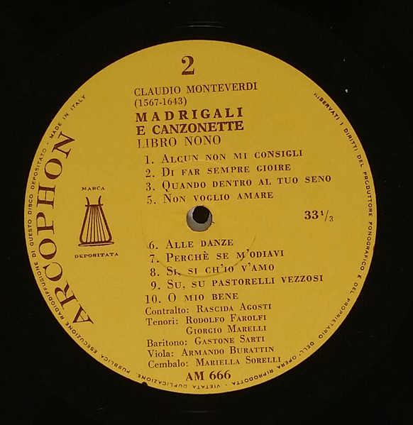 Claudio Monteverdi , Rascida Agosti , Rodolfo Farolfi , Gastone Sarti - Madrigali E Canzonette A Due, E Tre, Voci. Libro Nono | Arcophon (AM 666) - 4