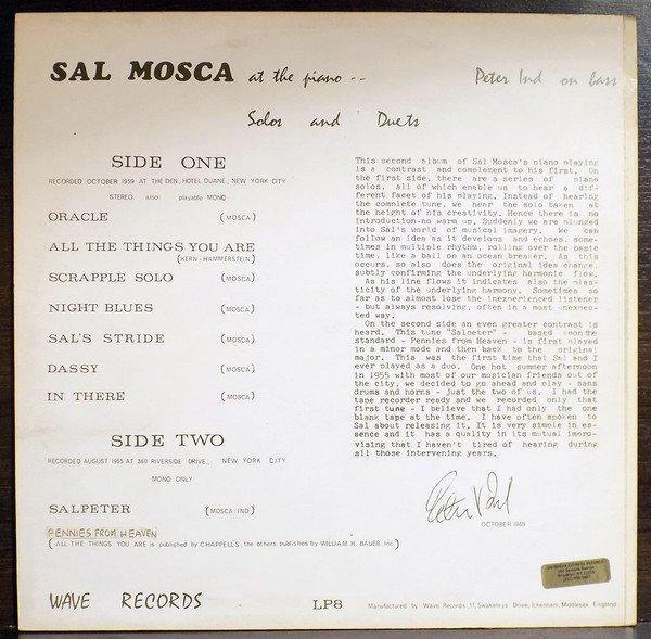 Sal Mosca , Peter Ind - Solos And Duets | Wave (LP 8) - 2 Sal Mosca , Peter Ind - Solos And Duets | Wave (LP 8) - 2