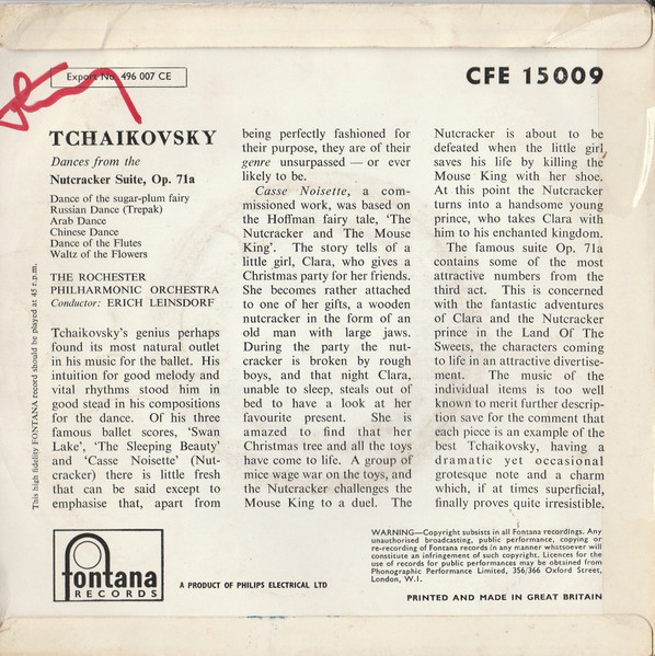 Pyotr Ilyich Tchaikovsky , Rochester Philharmonic Orchestra Cond. Erich Leinsdorf - The Nutcraker Suite, Op. 71a (Six Dances) | Fontana (CFE 15009) - 2
