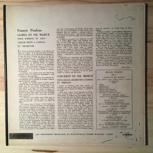 Francis Poulenc / Rosanna Carteri - Maurice Duruflé - Orchestre National De France , Georges Prêtre - Gloria / Concerto Pour Orgue | Columbia (SAXF 199) - 2