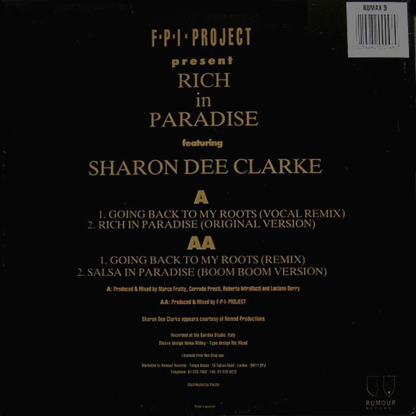 FPI Project Featuring Sharon Dee Clarke - Rich In Paradise "Going Back To My Roots" (Vocal And Instrumental Remixes) | Rumour Records (RUMAX 9) - 2 FPI Project Featuring Sharon Dee Clarke - Rich In Paradise "Going Back To My Roots" (Vocal And Instrumental Remixes) | Rumour Records (RUMAX 9) - 2
