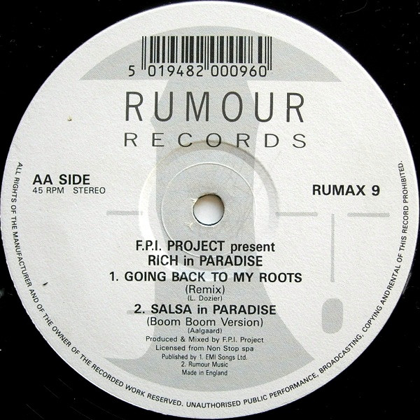 FPI Project Featuring Sharon Dee Clarke - Rich In Paradise "Going Back To My Roots" (Vocal And Instrumental Remixes) | Rumour Records (RUMAX 9) - 4 FPI Project Featuring Sharon Dee Clarke - Rich In Paradise "Going Back To My Roots" (Vocal And Instrumental Remixes) | Rumour Records (RUMAX 9) - 4