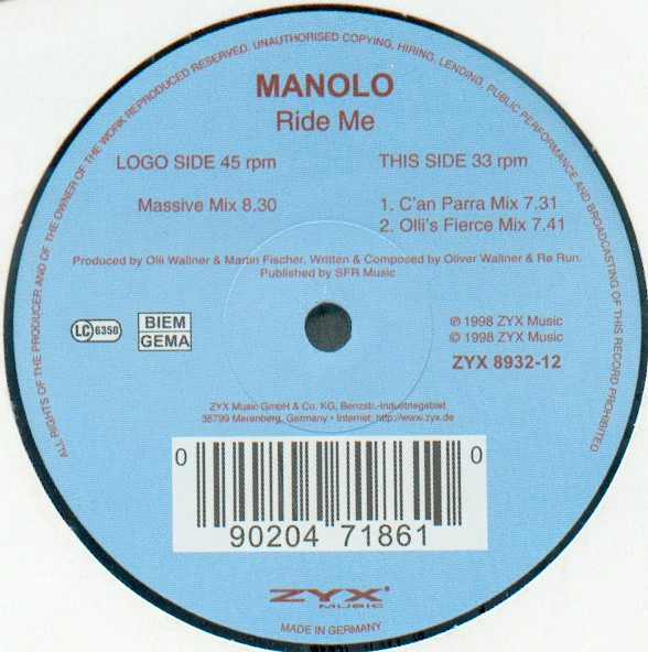 Manolo - Ride Me | ZYX Music (ZYX 8932-12)