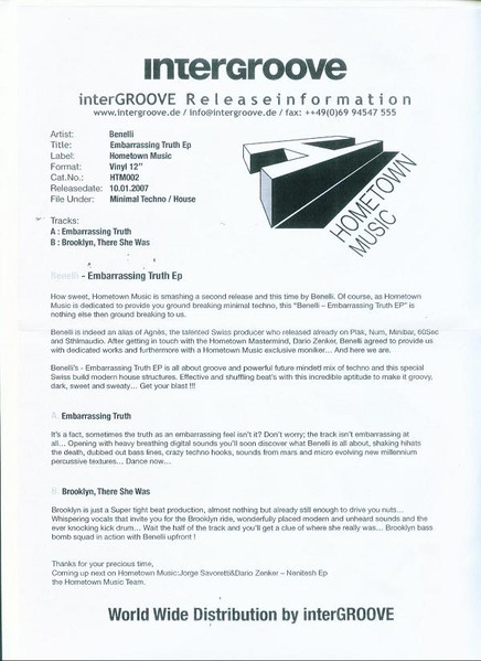 Benelli - Embarrassing Truth EP | Hometown Music (HTM002-6)