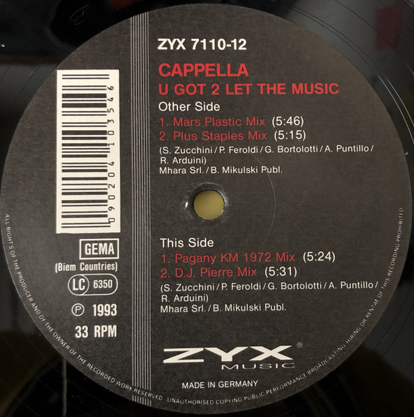 Cappella - U Got 2 Let The Music | ZYX Music (ZYX 7110-12)