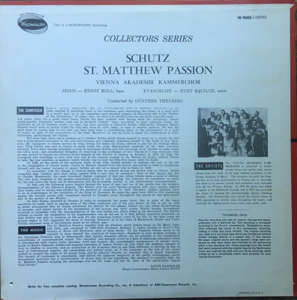 Heinrich Schütz , Wiener Akademie Kammerchor Conducted By Günther Theuring , Kurt Equiluz , Ernst Holl - St. Matthew Passion | Westminster (W-9606) - 2 Heinrich Schütz , Wiener Akademie Kammerchor Conducted By Günther Theuring , Kurt Equiluz , Ernst Holl - St. Matthew Passion | Westminster (W-9606) - 2