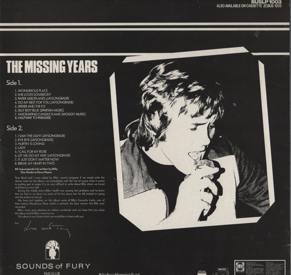 Billy Fury - The Missing Years: 1967-1980 | Red Bus Records (BUSLP 1003) - 2