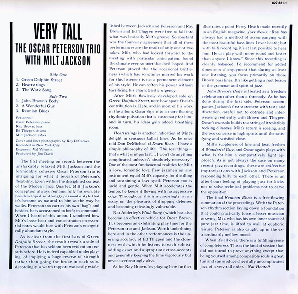 The Oscar Peterson Trio With Milt Jackson - Very Tall | Verve Records (827 821-1) - 3