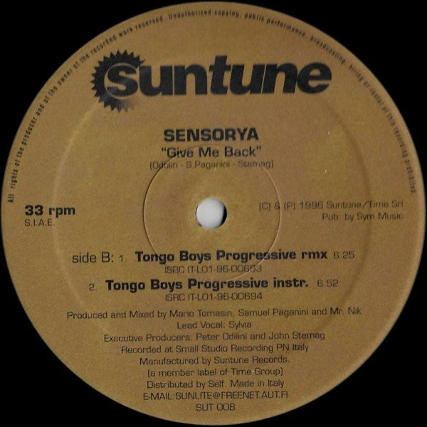 Sensorya - Give Me Back | Suntune (SUT 008) - 2