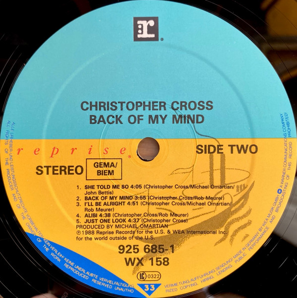 Christopher Cross - Back Of My Mind | Reprise Records (925 685-1)