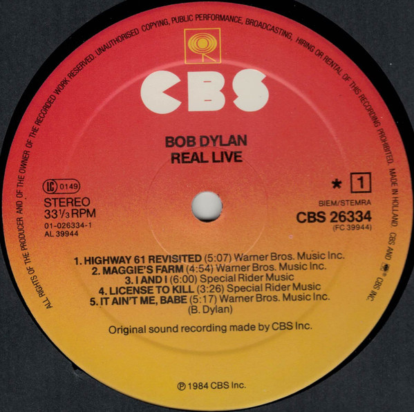 Bob Dylan - Real Live | CBS (CBS 26334) - 3