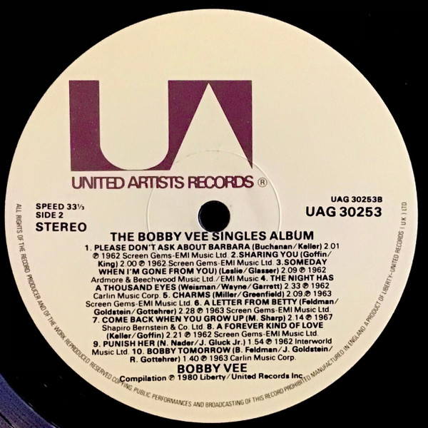 Bobby Vee - The Bobby Vee Singles Album | United Artists Records (UAG 30253) - 4 Bobby Vee - The Bobby Vee Singles Album | United Artists Records (UAG 30253) - 4