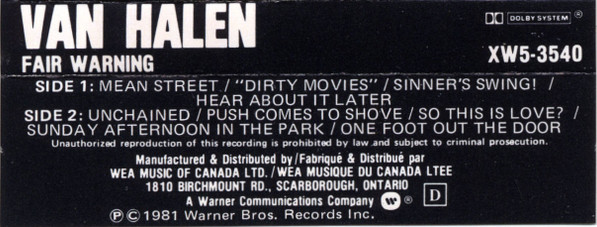 Van Halen - Fair Warning [Cassette] | Warner Bros. Records (XW5-3540) - 2