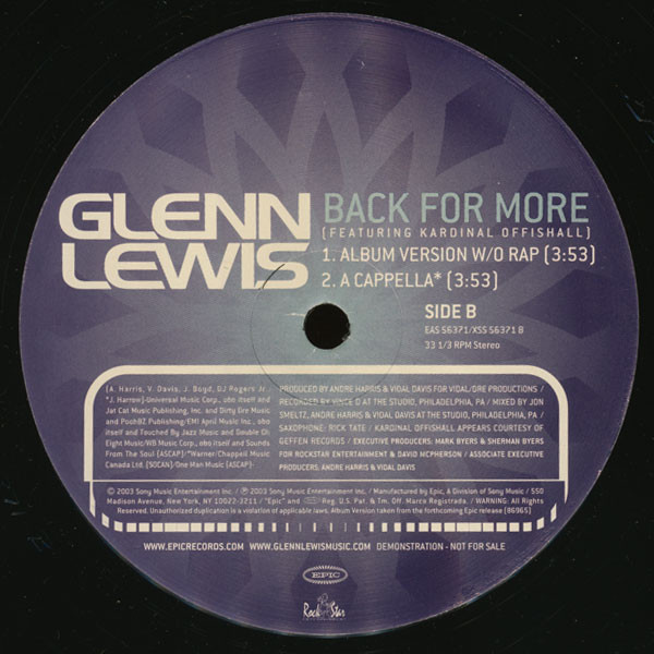 Glenn Lewis - Back For More | Epic (EAS 56371) Glenn Lewis - Back For More | Epic (EAS 56371)