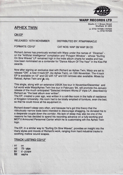 Aphex Twin - On | Warp Records (WAP39) - 4