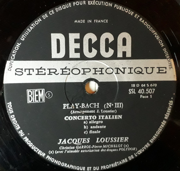 Jacques Loussier , Christian Garros , Pierre Michelot - Play Bach 3 | Decca (SSL 40.507) - 3