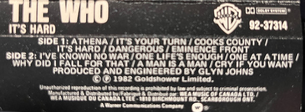 The Who - It's Hard [Cassette] | Warner Bros. Records (92 37314) - 4