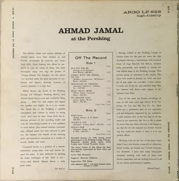 Ahmad Jamal Trio - Ahmad Jamal Trio At The Pershing (But Not For Me) | Argo (LP628)