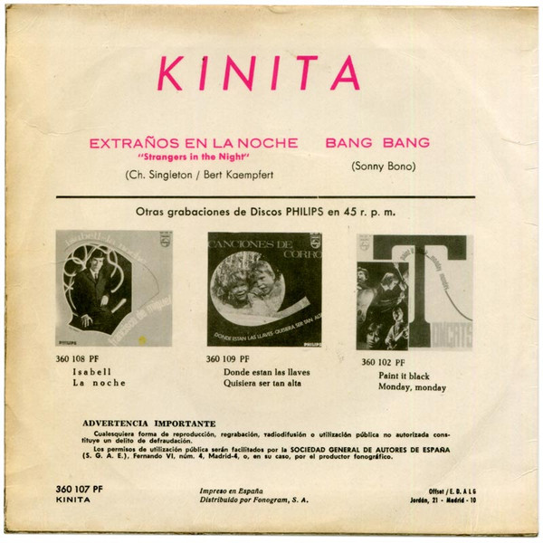 Kinita - Extraños En la Noche / Bang Bang | Philips (360 107 PF) - main