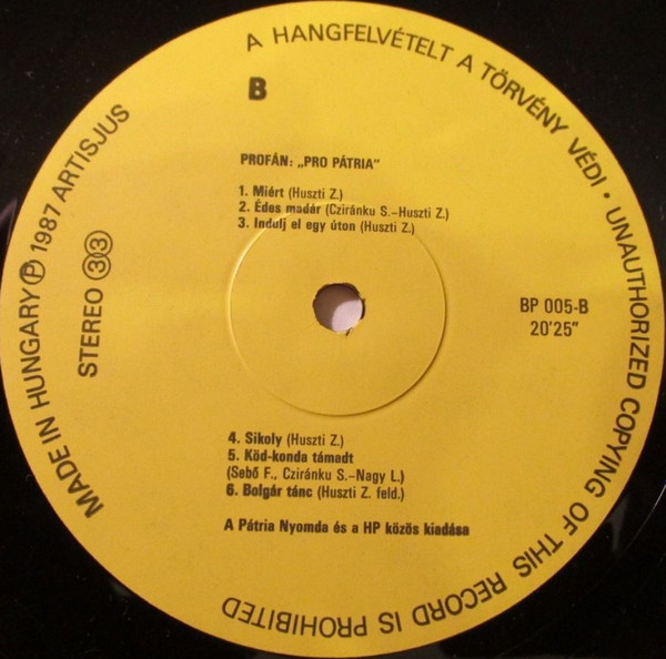 Profán - Pro Pátria | Hungaropop (BP 005) - 4