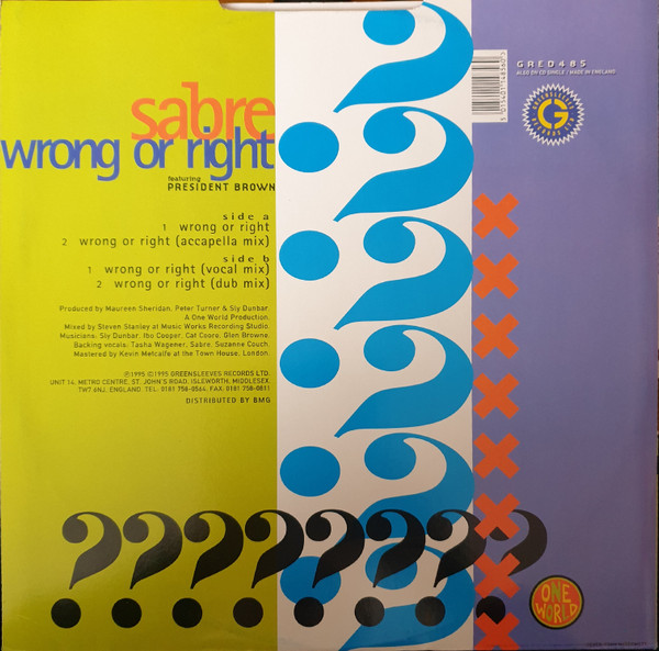 Sabre Featuring Prezident Brown - Wrong Or Right | Greensleeves Records (GRED485) - 2