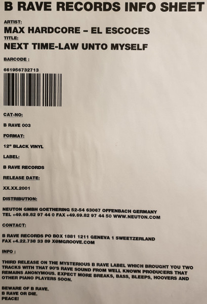 Max Hardcore / El Escoces - Next Time / Law Unto Myself | B Rave Records (BRAVE003) - main Max Hardcore / El Escoces - Next Time / Law Unto Myself | B Rave Records (BRAVE003) - main