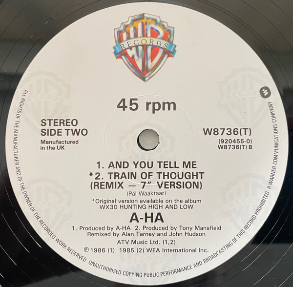 a-ha - Train Of Thought | Warner Bros. Records (W 8736 T) - 4