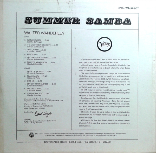 Walter Wanderley - Summer Samba | Verve Records (SVL 52.007)