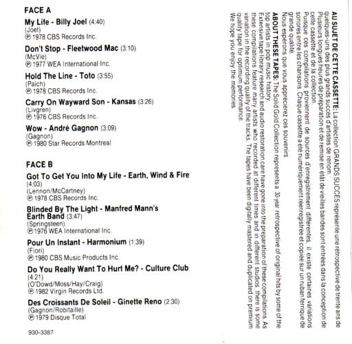 Various - Collection Les Grands Succès 1950 1960 1970 1980 Volume 7 [Cassette] | EMCI/Rockbill Ltd. (930-3387) - 3