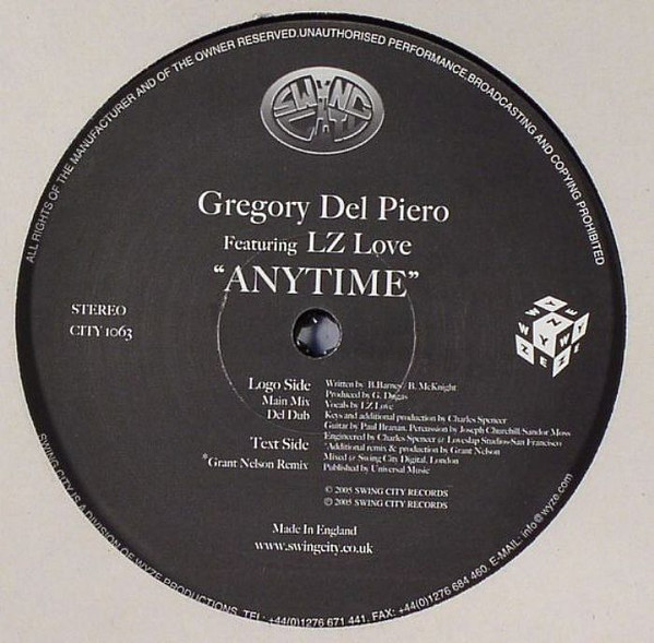 Gregory Del Piero Featuring LZ Love - Anytime | Swing City Records (CITY 1063)