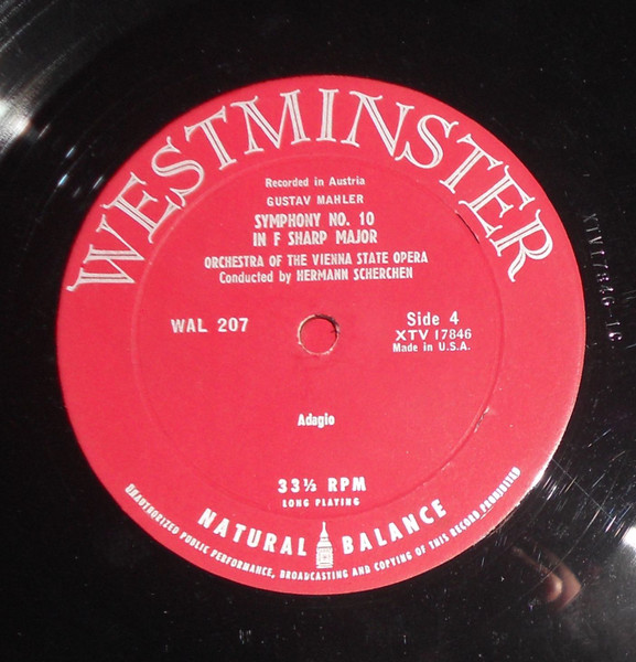 Gustav Mahler , Hermann Scherchen Conducting Orchester Der Wiener Staatsoper - 5th Symphony In C Sharp Minor / 10th Symphony In F Sharp Major | Westminster (WAL 207) - 4