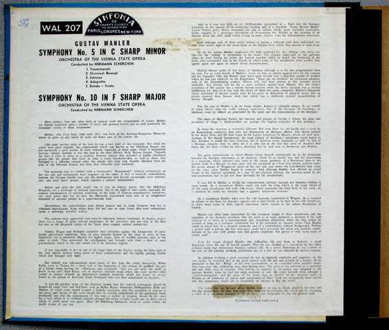 Gustav Mahler , Hermann Scherchen Conducting Orchester Der Wiener Staatsoper - 5th Symphony In C Sharp Minor / 10th Symphony In F Sharp Major | Westminster (WAL 207) - 2