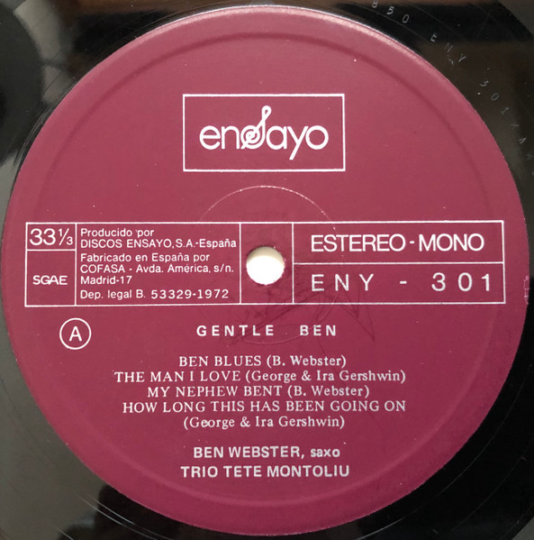 Ben Webster , Tete Montoliu Trio - Gentle Ben | Ensayo (ENY-301) - 3 Ben Webster , Tete Montoliu Trio - Gentle Ben | Ensayo (ENY-301) - 3