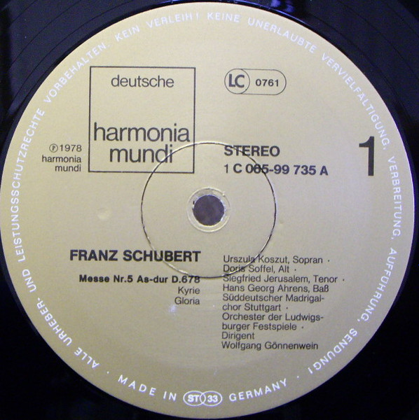 Franz Schubert , Urszula Koszut , Doris Soffel , Siegfried Jerusalem , Hans Georg Ahrens , Der Süddeutsche Madrigalchor , Orchester Der Ludwigsburger Schlossfestspiele , Wolfgang Gönnenwein - Messe As-Dur D.678 | Deutsche Harmonia Mundi (1C 065-99 735) - 3